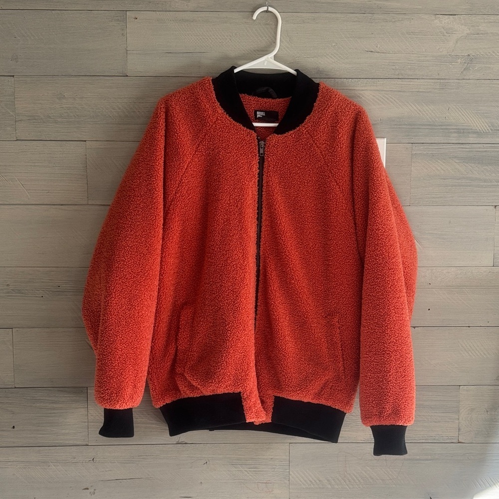 Vibrant Red Teddy Jacket with Black Trim